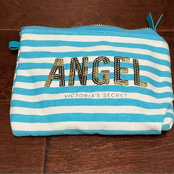 Victoria’s Secret Sequins Cosmetic Bag Blue White with Gold ANGEL wording - Picture 1 of 8